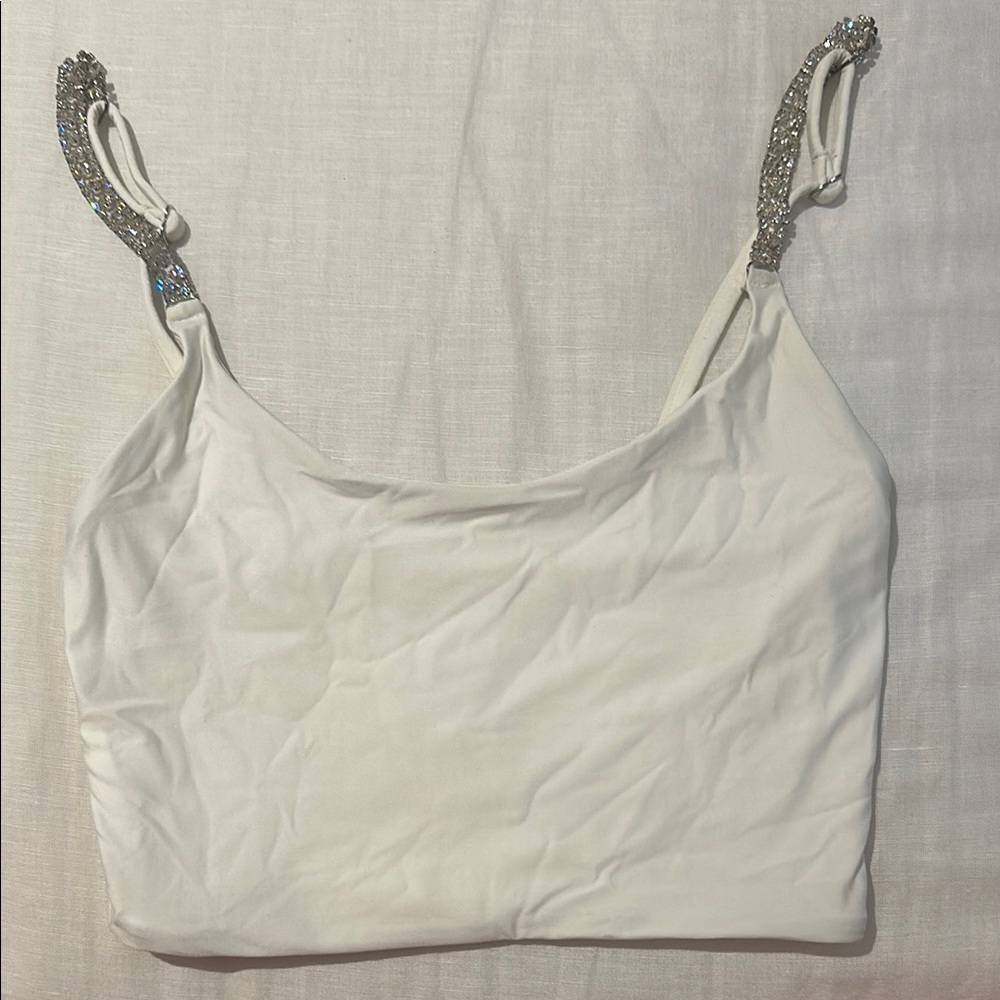 Embellished White Swim Cami with Rhinestone Straps